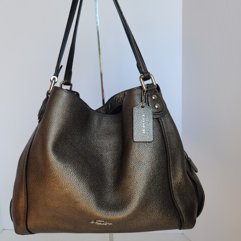 Coach Edie shoulder bag 31 Metallic polished pebble leather pewter color 87399 - Picture 3 of 12